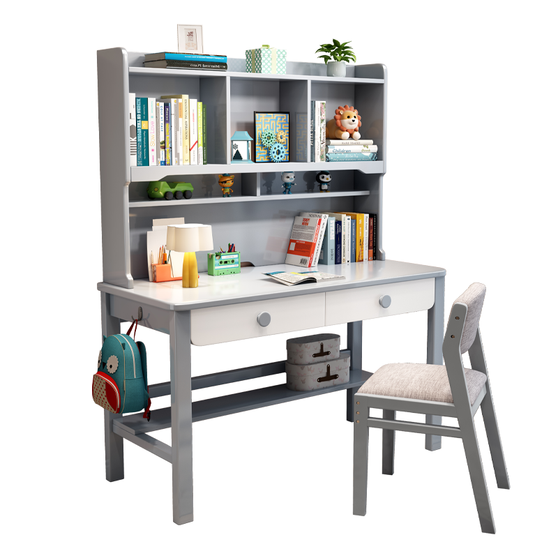 昭希 儿童书桌家用实木学习桌中小学生儿童写字桌书桌书柜组合书桌柜一体可升降儿童作业书桌椅套装 实木单桌（不含椅子）(蓝白色) 1.0米