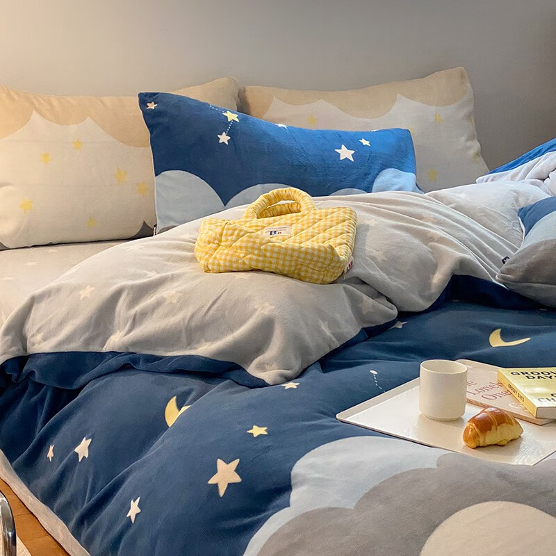 多喜爱家纺牛奶绒四件套 加厚保暖暖暖绒防静电秋冬套件绒床单被套 繁星入梦 1.2m 床单款 三件套被套152*218cm