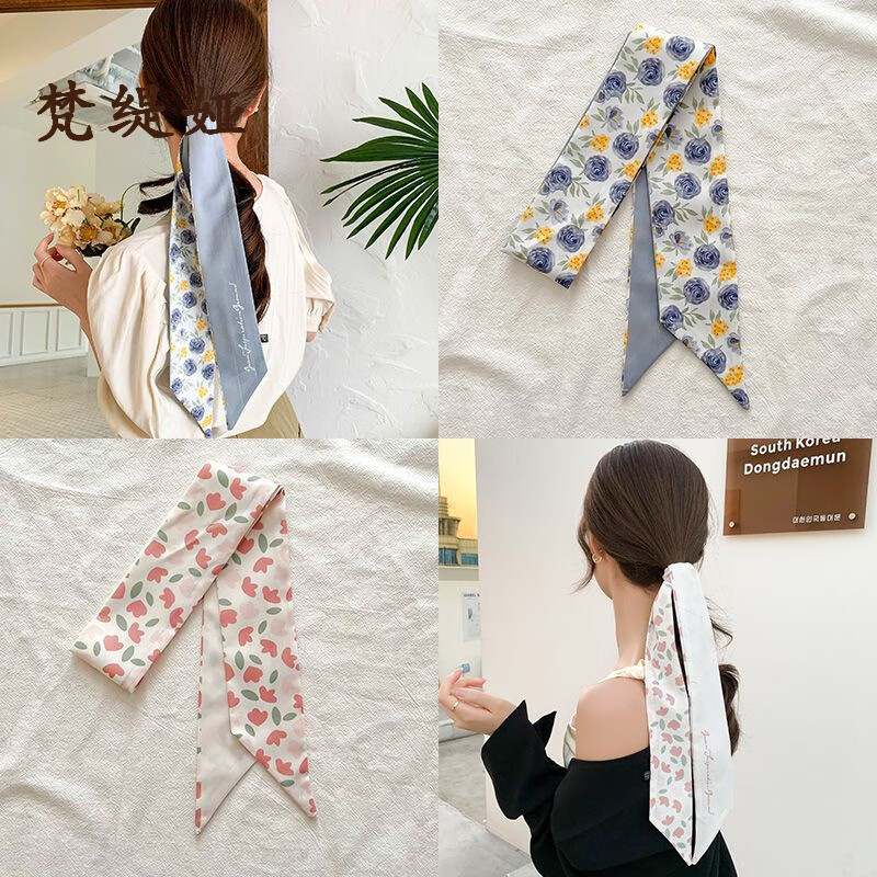 梵緹婭絲巾發(fā)帶女2024新款蝴蝶結(jié)絲帶綁發(fā)頭飾夏季超仙編發(fā)長(zhǎng)條飄帶發(fā)繩 超仙花卉2件