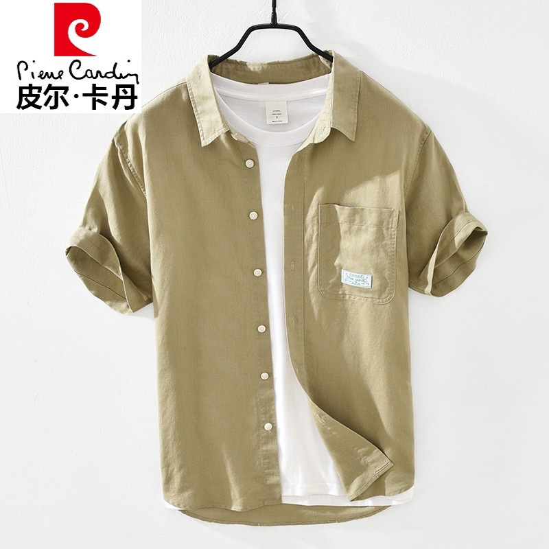 皮尔卡丹轻奢高档品牌男装 亚麻休闲衬衫男短袖夏季薄款半袖衬衣男士