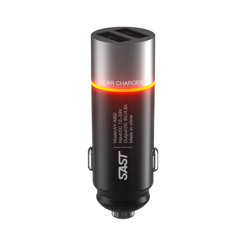 先科（SAST）车载充电器点烟器双USB一拖二4.8A快充汽车手机迷你车充头转换器氛围灯 M92