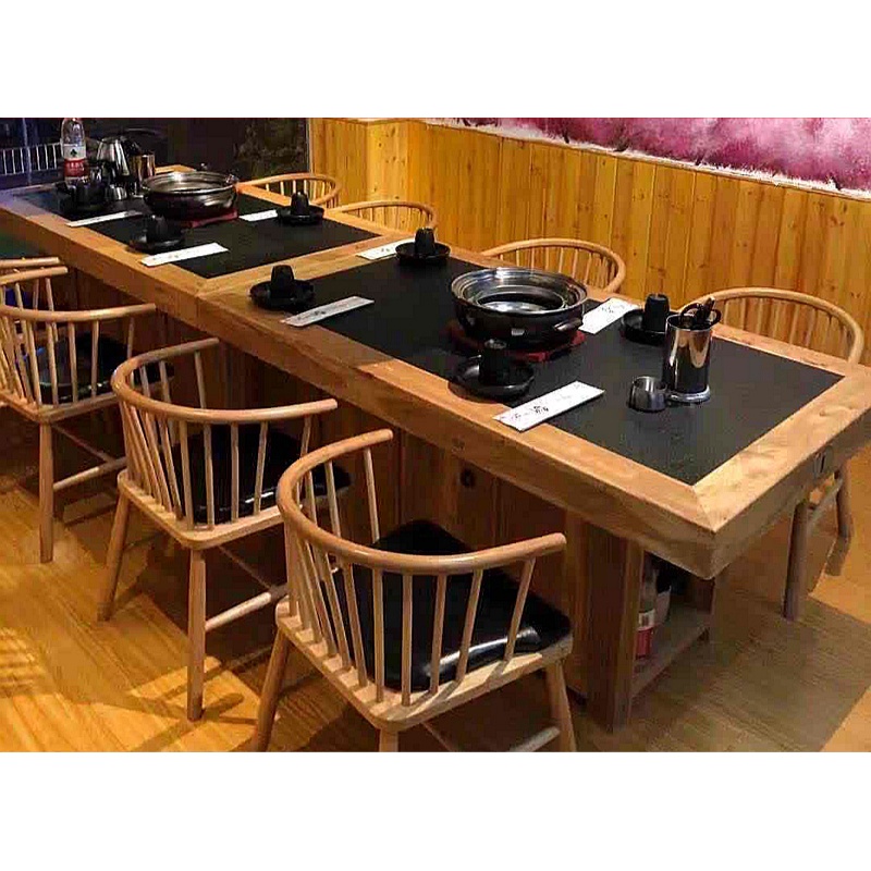 实木大理石烤肉桌子无烟碳火烧烤桌火锅店餐馆桌椅电磁炉一体商用 5