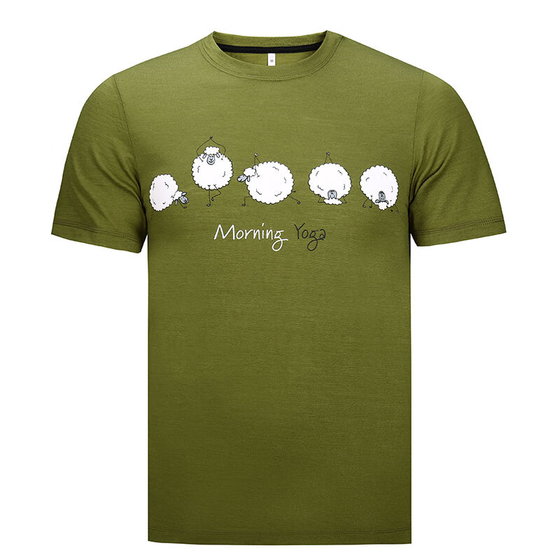 %美丽诺羊毛瑜伽羊印花t恤-男士凉爽休闲运动健身t恤 黄绿色101141308