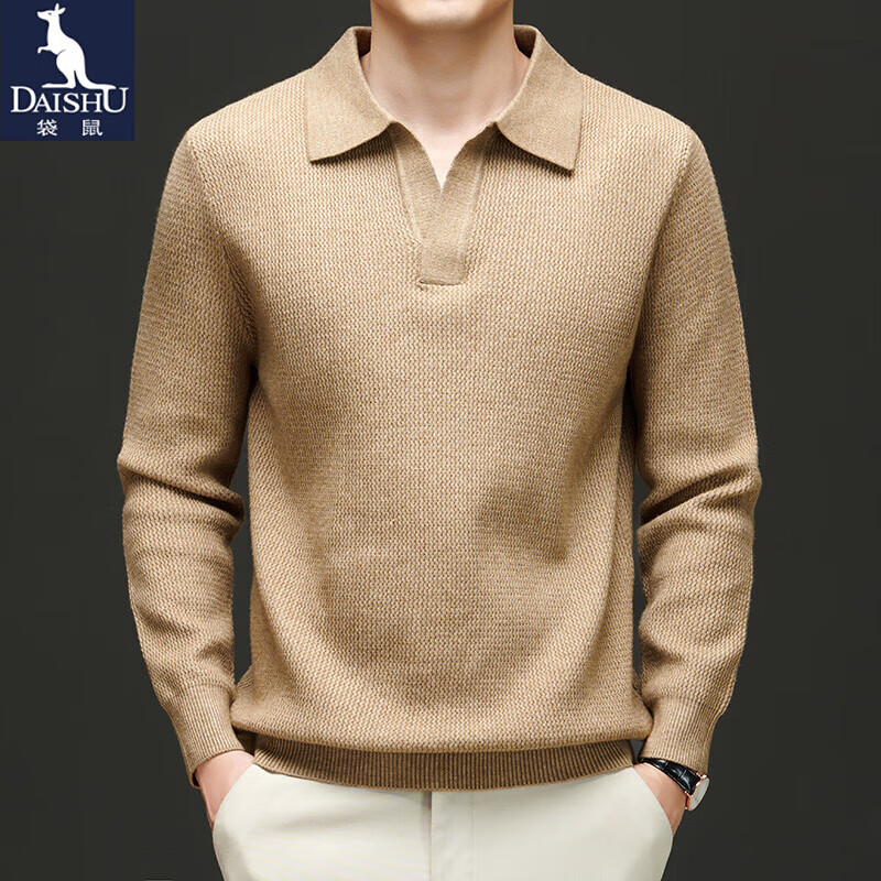 袋鼠毛衣男加厚款含羊毛简约纯色剪刀领秋冬新款中青年套头时尚针织衫 燕麦色 M/165