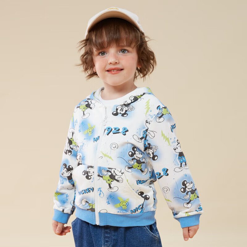 迪士尼（Disney）春秋男童米奇满印卫衣时尚百搭连帽外套中大童外出服 蓝白110cm