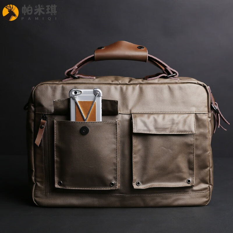 帕米琪（PAMIQI）电脑包多功能单肩手提16英寸公文包男包适用于苹果华为笔记本 褐色 16英寸