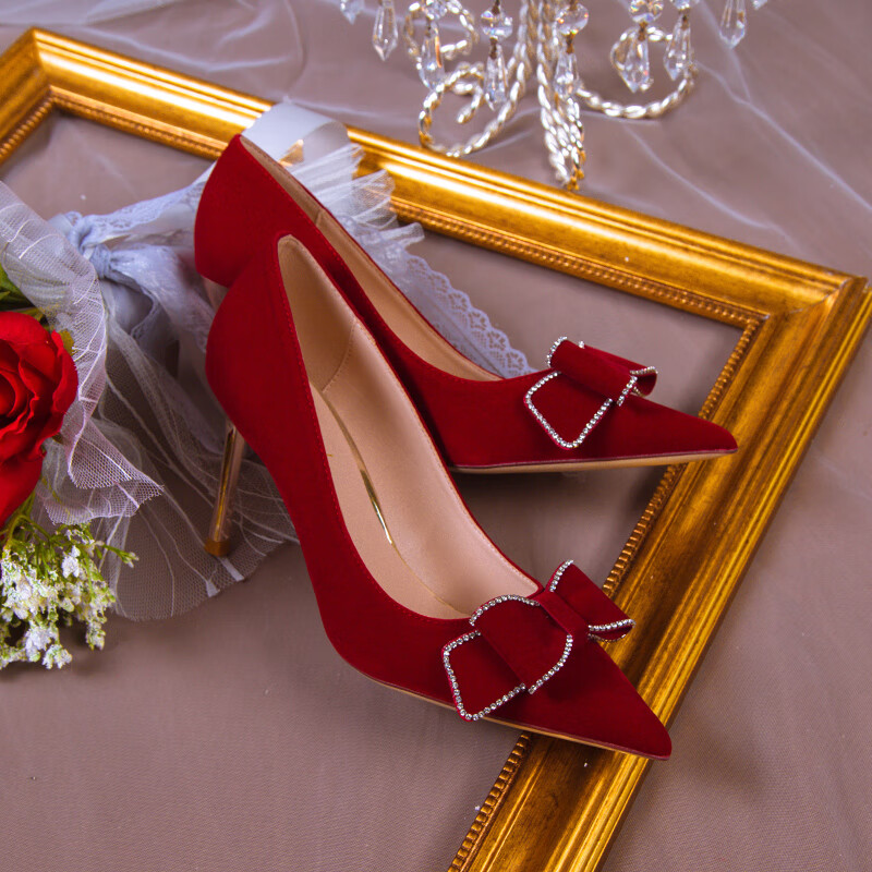 坠倾中式婚鞋新娘鞋年春季新款细跟酒红色秀禾服结婚高跟鞋女两穿 酒