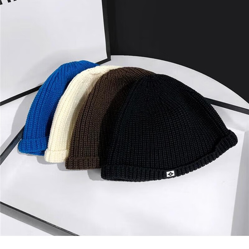 薄款无檐针织帽子男士女日系秋冬雅痞光头西瓜帽寸头瓜皮帽毛线帽 黑色