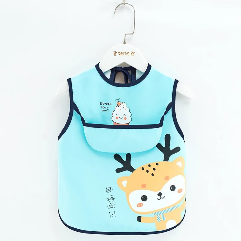 宝宝吃饭围兜防脏免洗儿童罩衣男女饭兜小孩无袖夏季围裙 无袖款嗨吃鹿【蓝色】 100(大码【建议2-4周岁】)