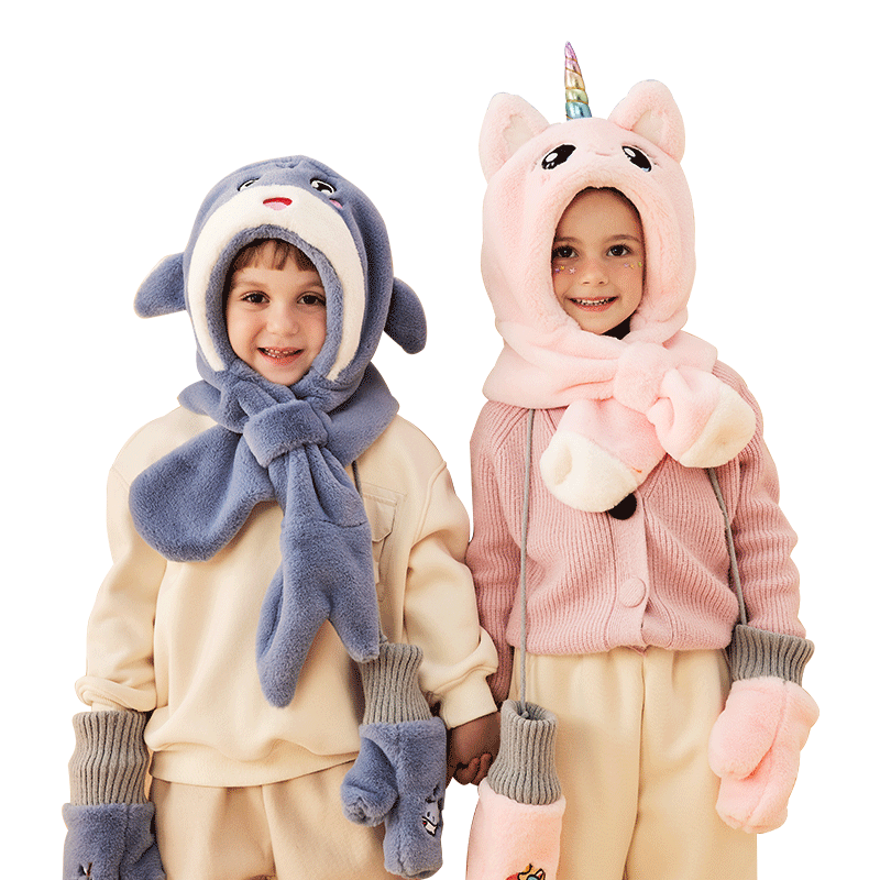 牧萌儿童帽子秋冬季帽子围巾一体帽中大童加绒加厚保暖帽 粉色独角兽 30.31元