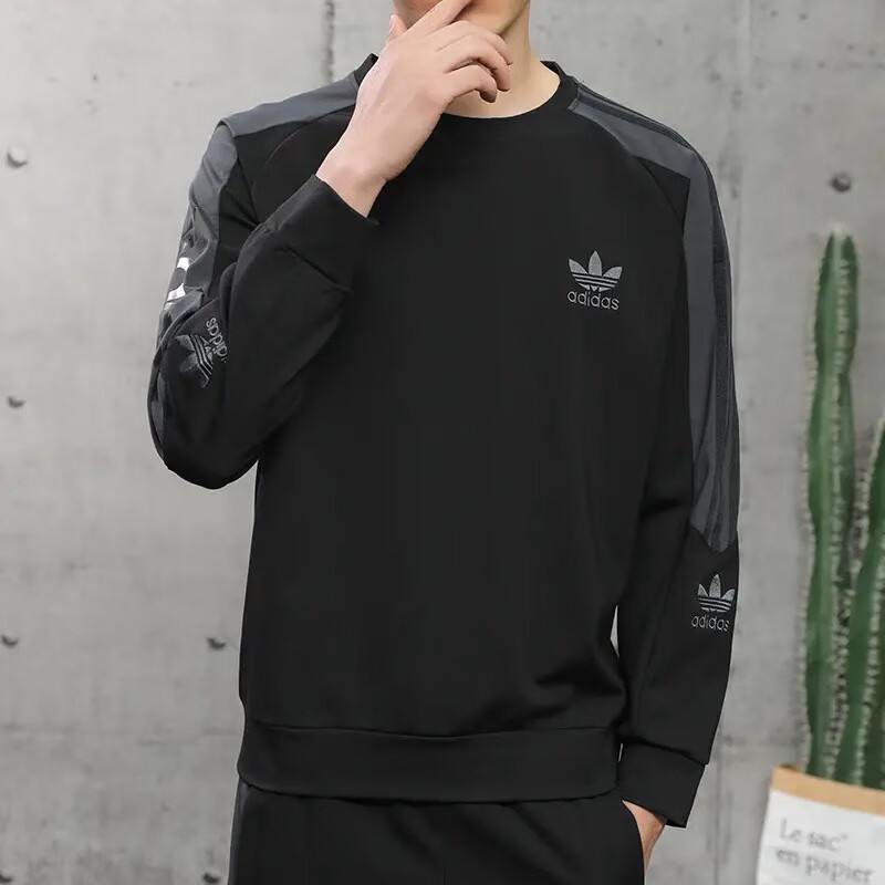 阿迪达斯 （adidas）秋冬三叶草运动加绒卫衣男士打底保暖加厚休闲套头衫圆领长袖黑色剪标尾货 卫衣黑色[春秋款] 3XL