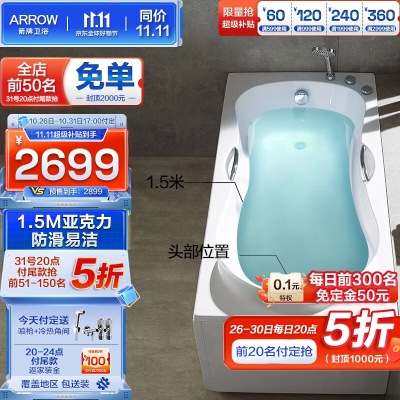 箭牌（ARROW） 亚克力普通浴缸五件套防滑浴缸家用小户型泡澡多尺寸一体成形 1.5米五金浴缸AE6205SQ 左裙怎么样,好用不?