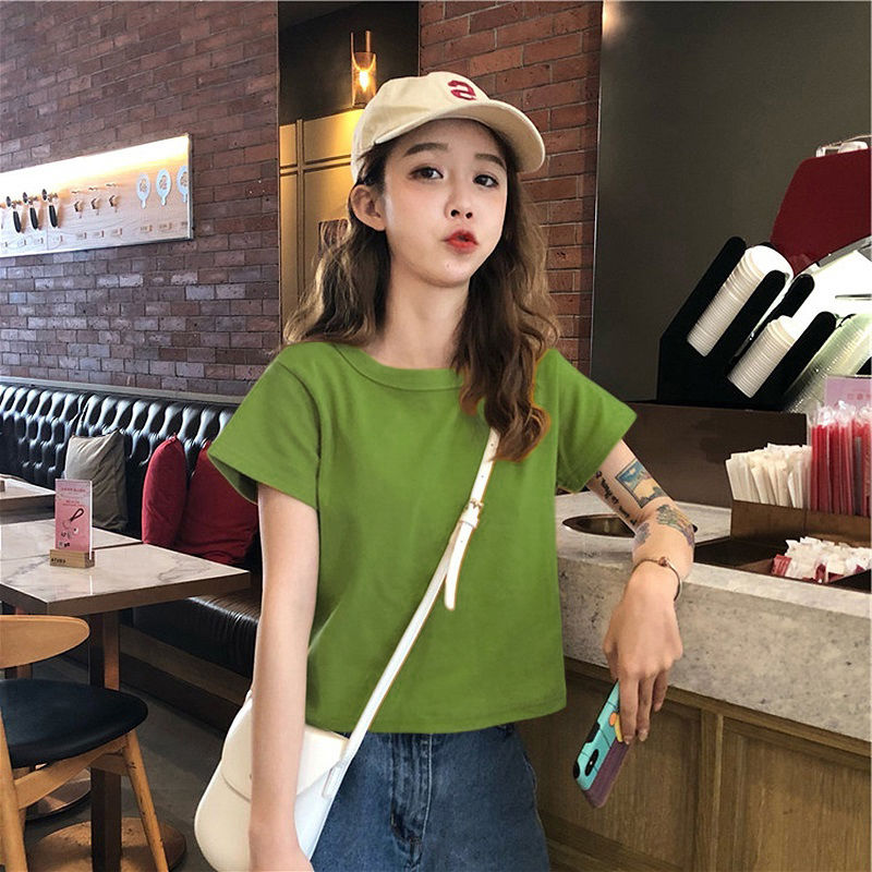 纯棉牛油果绿短袖t恤女学生短款ins上衣女夏衣服女 绿色 s (建议80-92