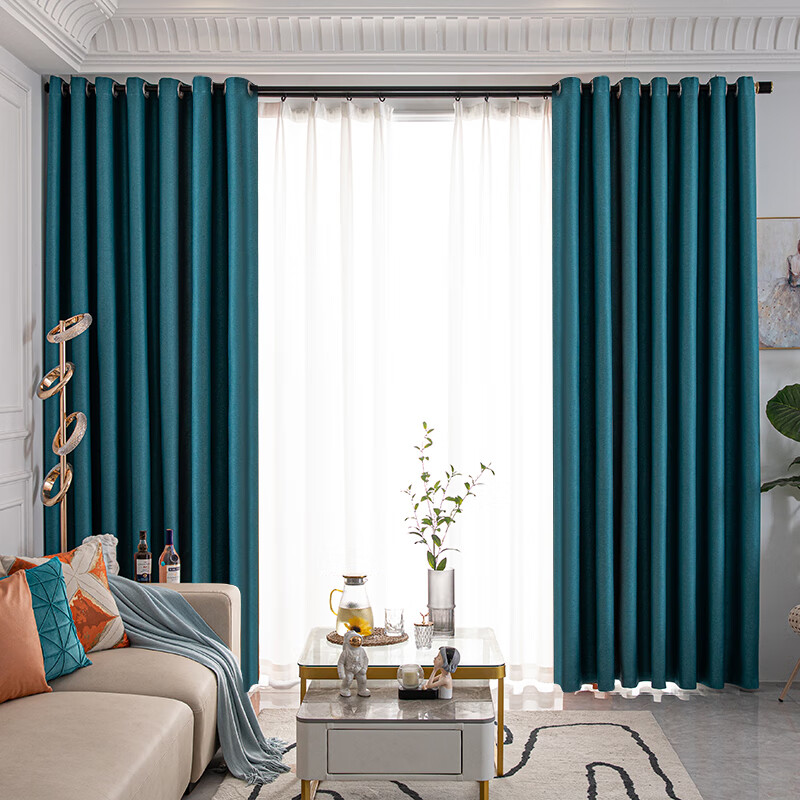 窗帘全遮光成品杆整套免打孔现代轻奢拼接防晒遮阳布 双面尼宝石蓝绿
