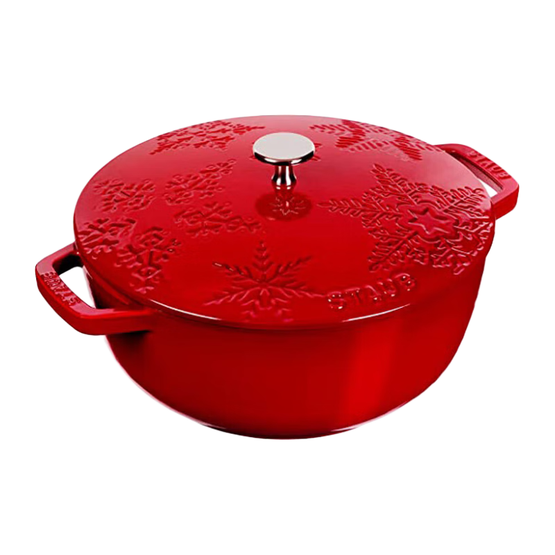琺寶（staub）琺瑯鍋法國進口鑄鐵深燒鍋浮雕圖案媽咪鍋湯鍋燉鍋 雪花櫻桃紅 24cm 3.6L 24cm 保稅倉現(xiàn)貨