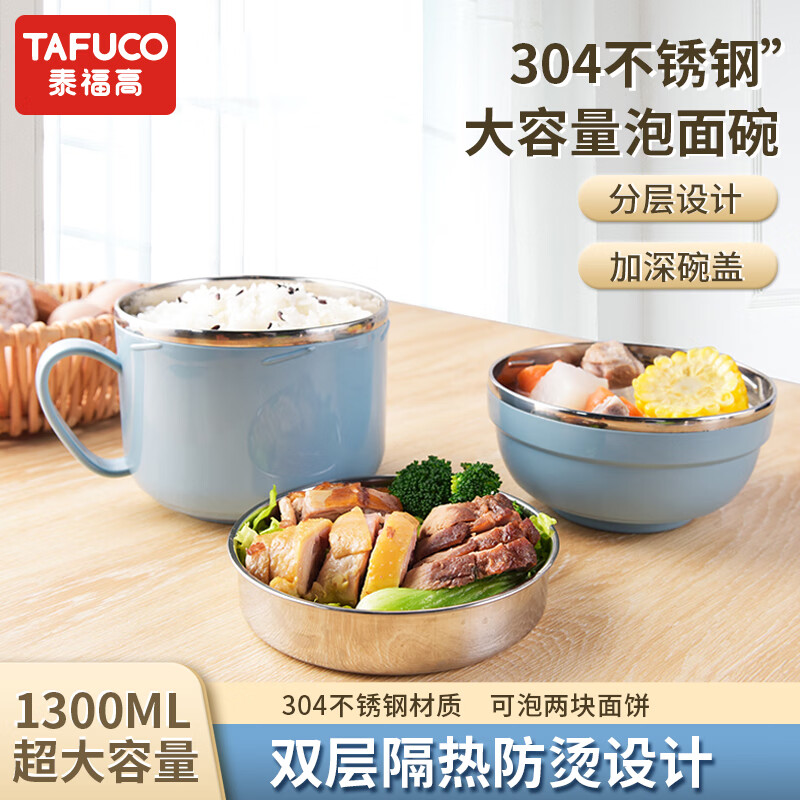 泰福高（TAFUCO）泡面碗304不锈钢多用快餐杯隔热防烫学生便当盒1.3L北欧蓝T5271