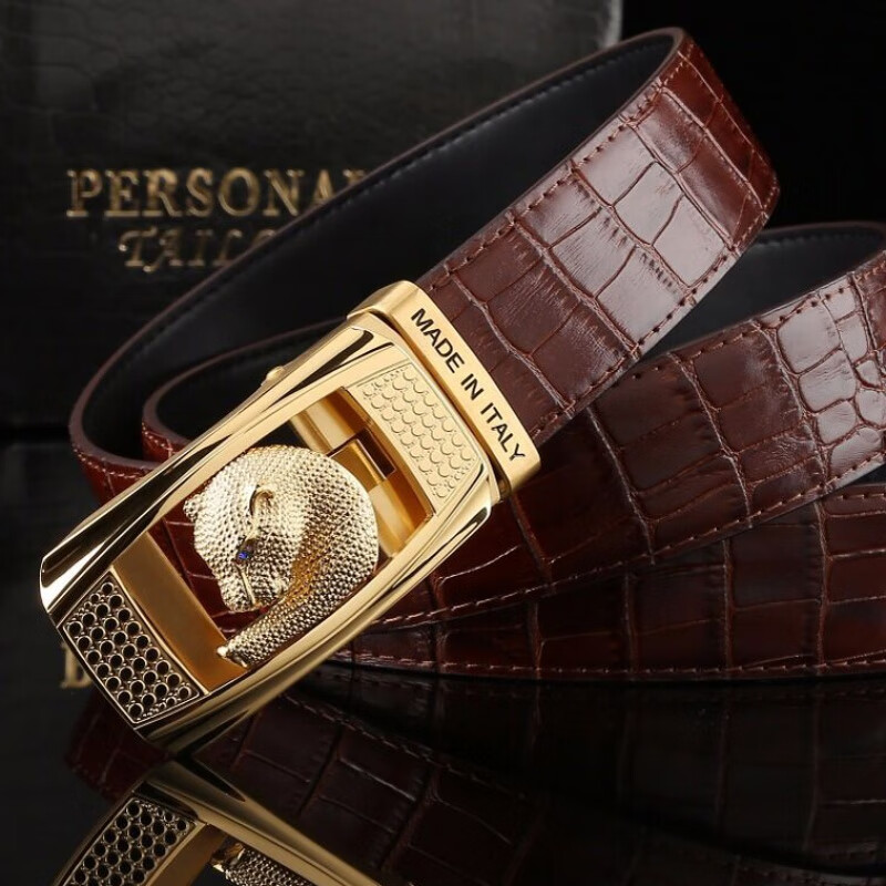 clolv kiss鳄鱼皮腰带男式品牌裤带网红正装时尚男士真皮自动扣捷豹
