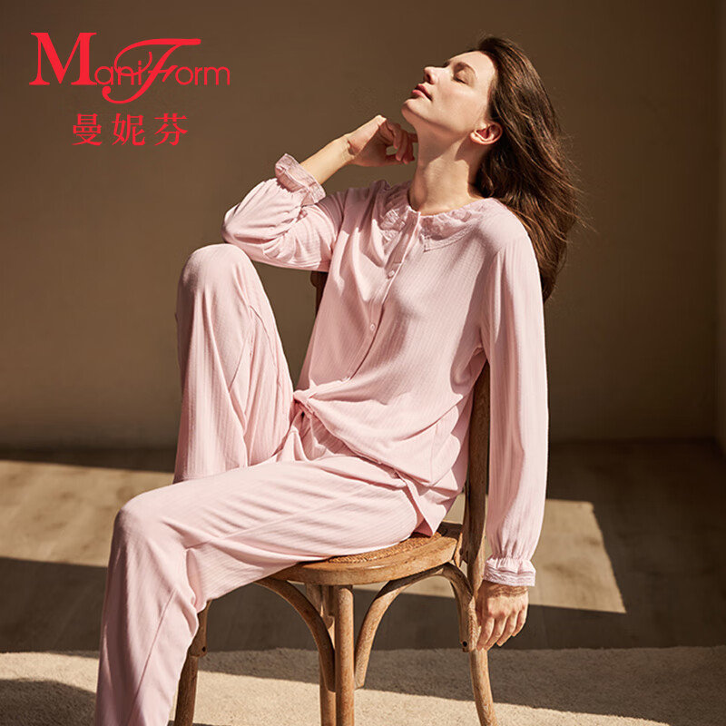 曼妮芬曼妮芬性感蕾絲領(lǐng)假開襟公主長(zhǎng)袖長(zhǎng)褲套裝家居服睡衣