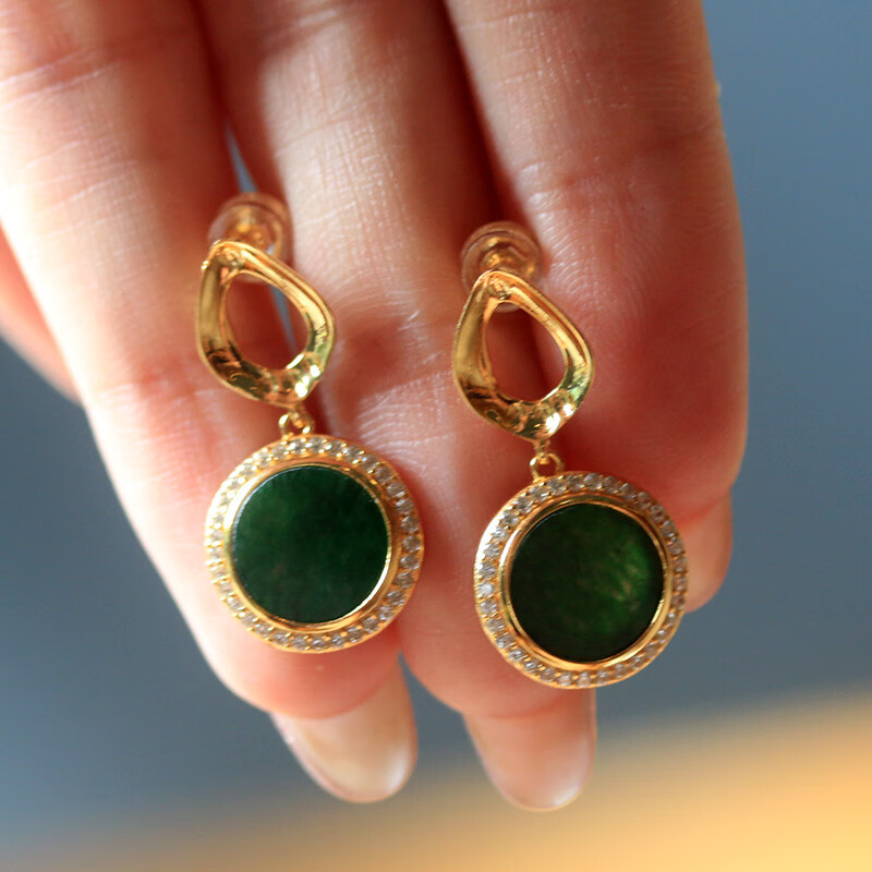 欧珏雅 翡翠干青圆形耳环玉石耳钉925银镀金镶嵌时尚气质潮流耳饰新款
