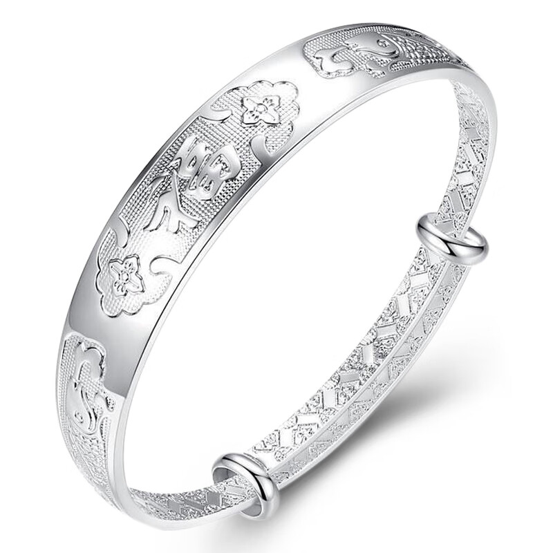 百年老凤祥9999纯银手镯女双鱼福寿字推拉福字银镯子送妈妈奶奶长辈