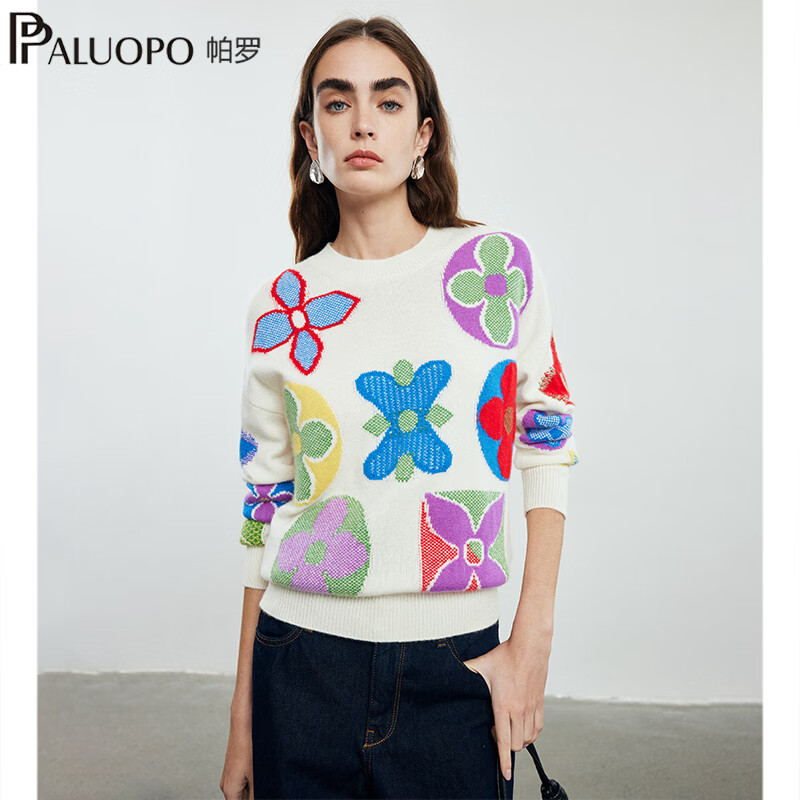 帕罗（PALUOPO）高定大花100%山羊绒衫柔软保暖宽松复古提花毛衣加厚针织衫上衣 新古董白 S 155/95