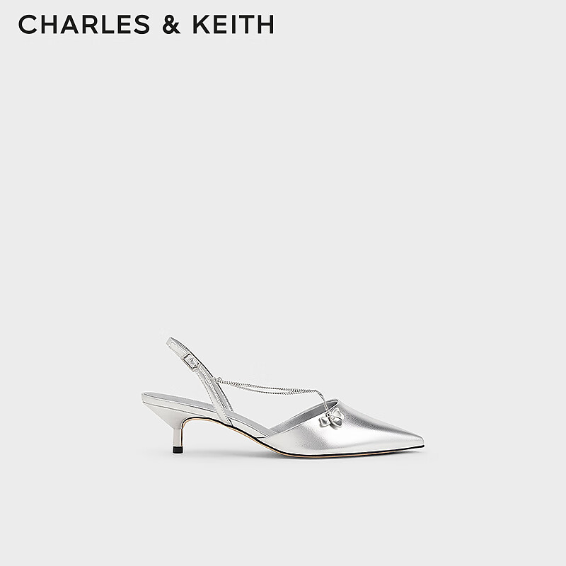 CHARLES&KEITH24夏新品尖头细跟后空交叉链条凉鞋女CK1-61720188 Silver银色 37