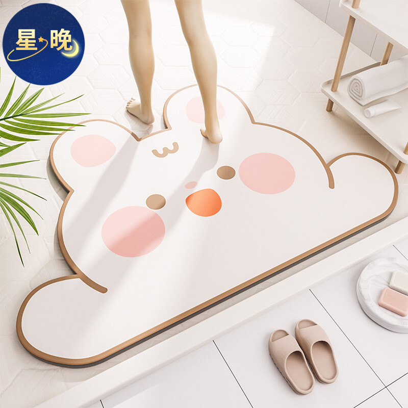 星晚硅藻泥吸水软垫卫生间洗澡防滑脚垫厕所门口垫子浴室速干地垫入户 萌兔 40x60cm