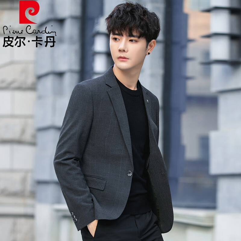 皮爾卡丹（pierre cardin）格子西服套裝男修身雅痞帥氣英倫青年休閑小西裝韓版潮流單件外套 灰色 單西 XL
