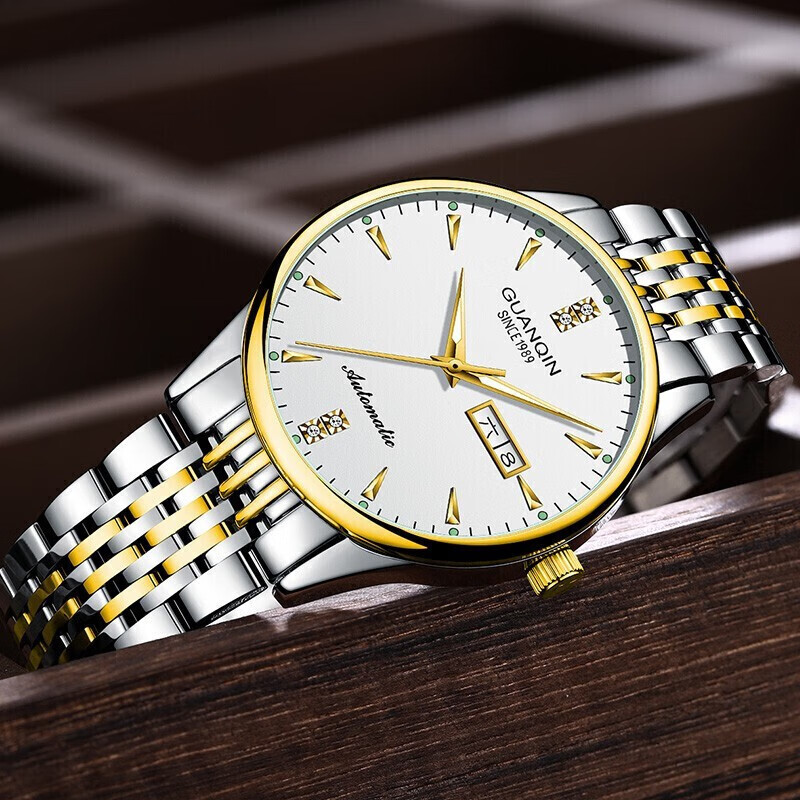 冠琴（GUANQIN） 名表 新款手表男士全自动机械商务休闲防水夜光男表精钢时尚简约 冠琴 16221间金白面 免费刻字