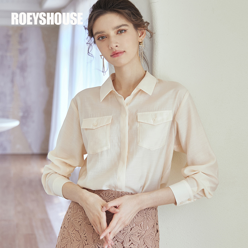 ROEYSHOUSE羅衣知性O(shè)L醋酸襯衫女秋裝新款通勤襯衣長袖淺杏色上衣07071 淺杏色 L
