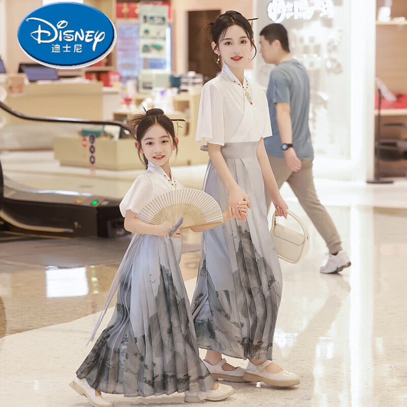 迪士尼（Disney）马面裙亲子套装母女高端女童汉服中国风2024新款儿童古风唐装夏季 水墨山水马面裙套装(上衣+裙子) M(M)