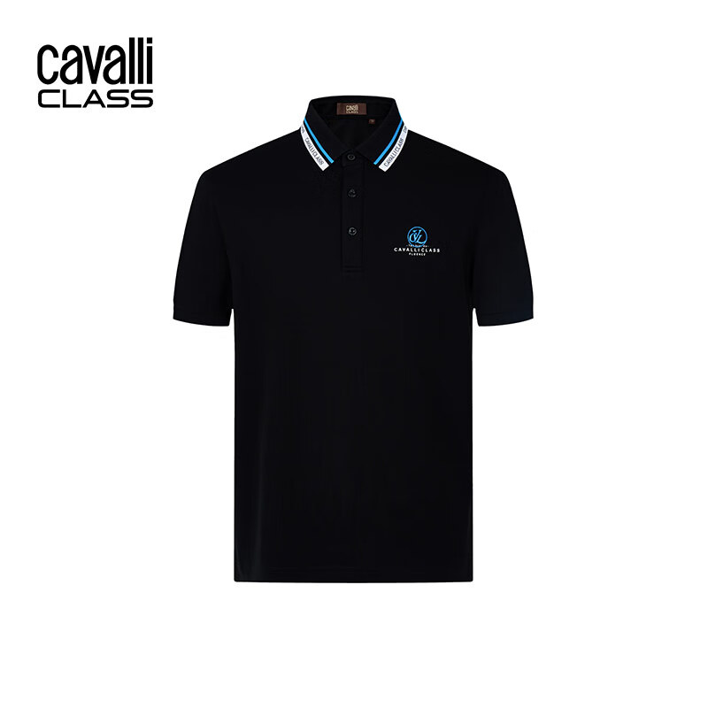 CAVALLI CLASS舒適透氣男式polo衫夏新款字母印花休閑翻領(lǐng)短袖T恤 黑色 52