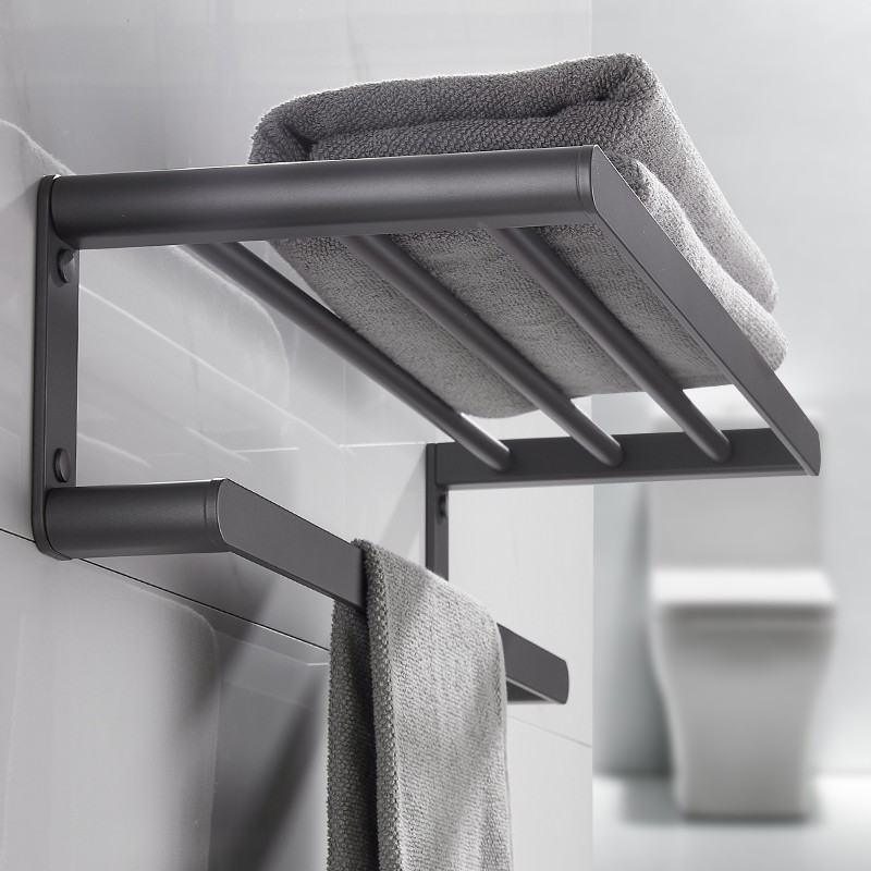 誉彬和枪灰浴巾架浴室毛巾架卫生间免打孔置物架壁挂式洗手间卫浴五金