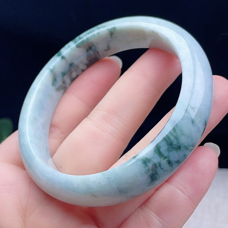 玲枭缅甸货油绿飘花翡翠手镯58老坑豆种半山半水意境福镯老人镯
