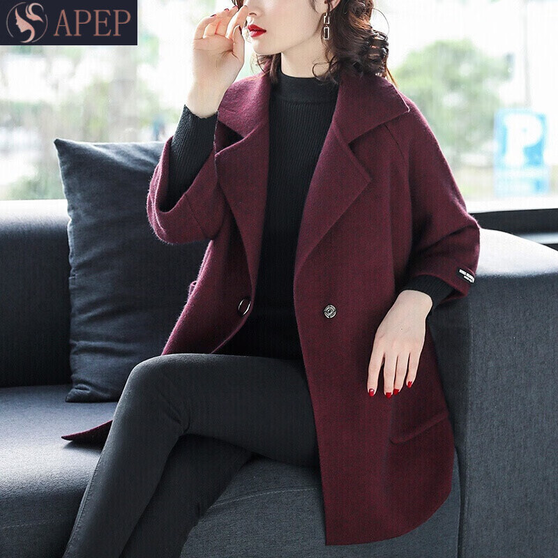 apep新款妈妈毛呢外套时尚秋冬中老年女装毛衣薄款气质洋气 酒红 m