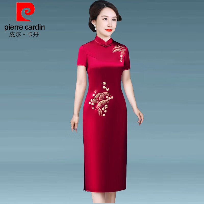 皮爾卡丹喜婆婆婚宴醋酸刺繡旗袍禮服高貴婚慶結(jié)婚禮繡花仿真絲連衣裙 酒紅旗袍 2XL