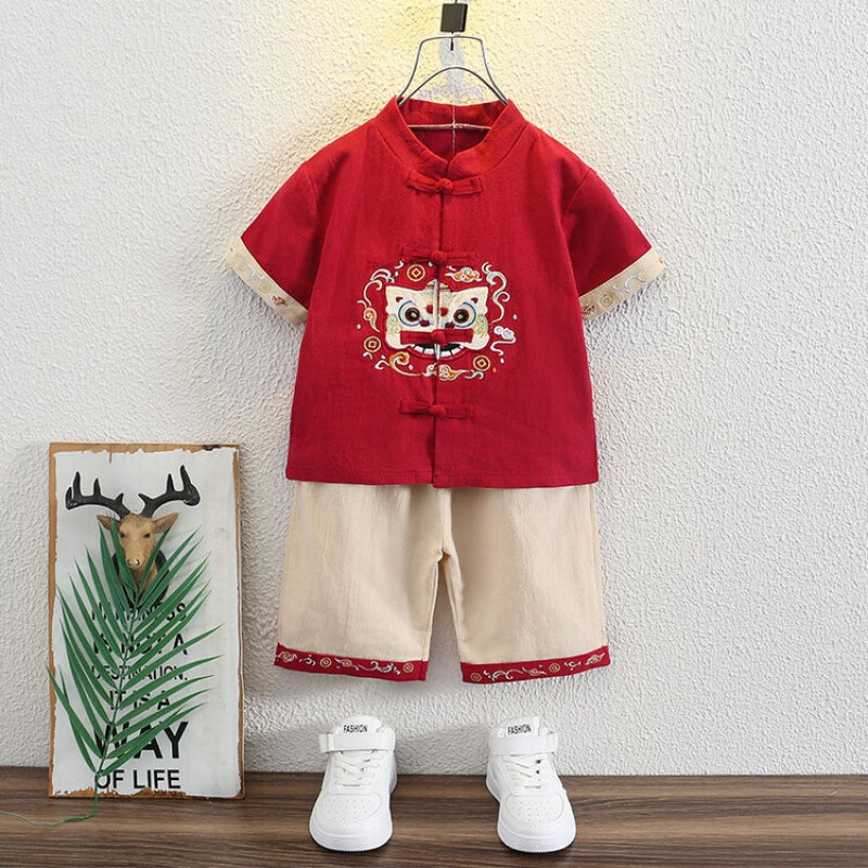 迪士尼（Disney）汉服儿童套装夏季童装男童秋装套装新款古风周岁礼服宝宝棉麻衣服 红色 90码建议身高80-90cm年龄1岁半-2怎么看?