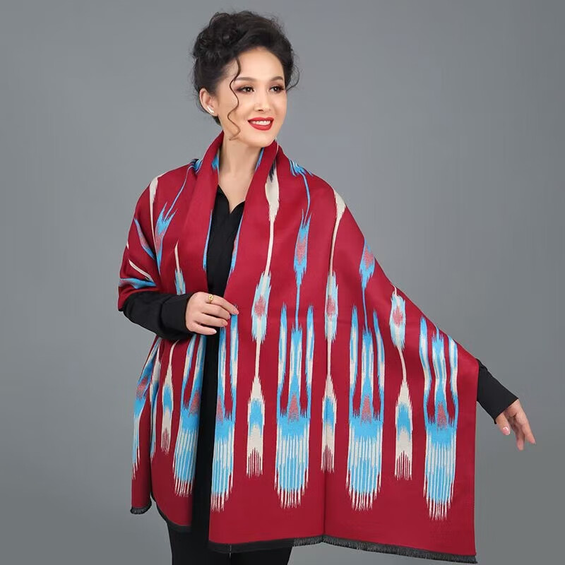 新疆艾德莱斯披肩围巾提花披肩冬季旅游拍照新疆礼物围巾披肩 枣红