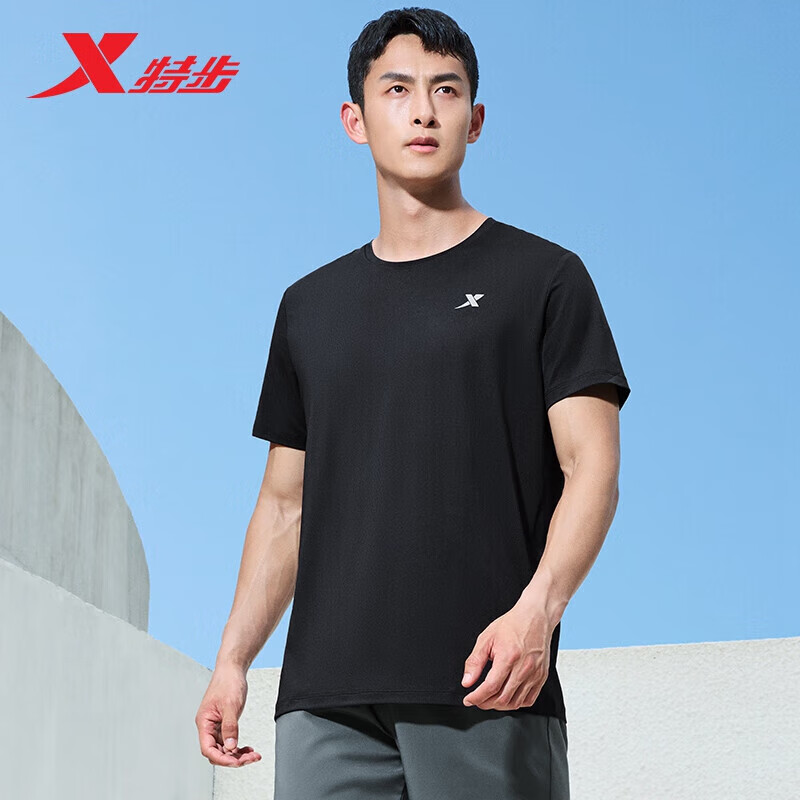 特步运动短袖T恤男夏季速干男装冰丝上衣 0325黑色 XL 