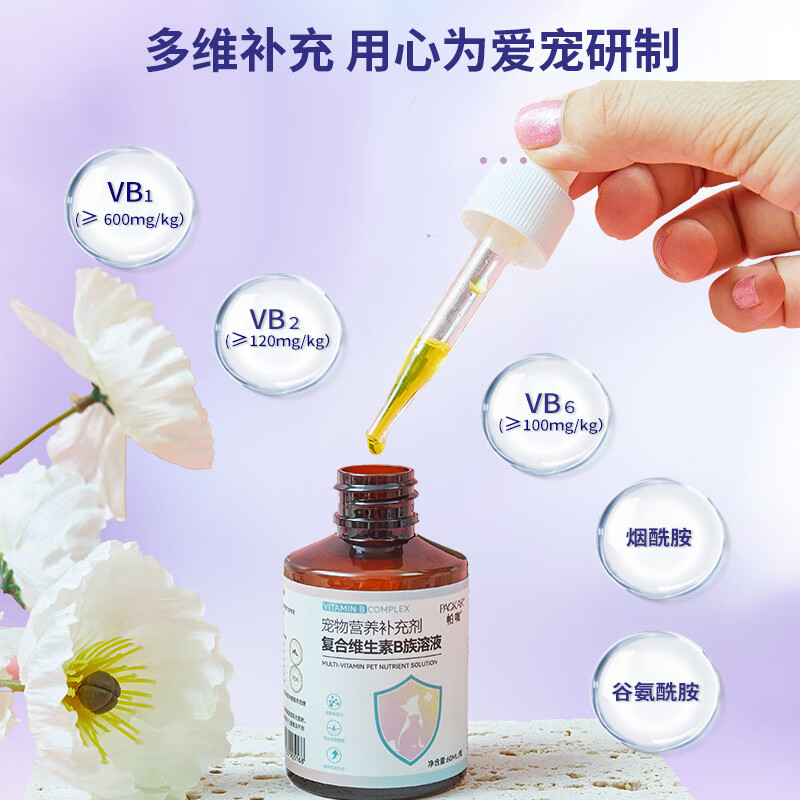 PACKAR猫咪维生素b族猫用宠物复合维生素溶液狗狗金毛宠物营养补充美短 【拍三瓶免一瓶】复合维B族60ML大容量 猫犬适用