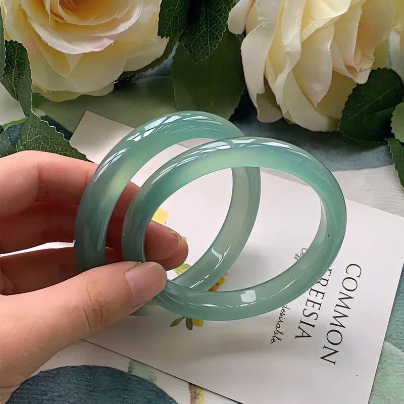 子龙青山黛扁条手镯梅子青冰油玛瑙玉髓青绿色青提啵啵玉石玉镯多样性 手镯 63-64