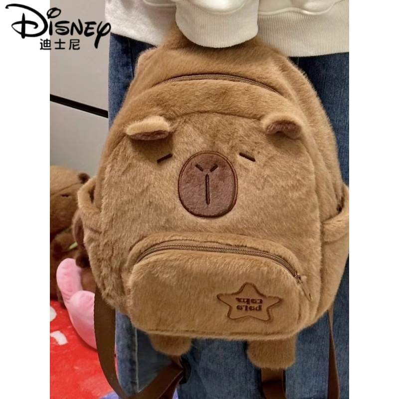 迪士尼（Disney）减负护脊卡皮巴拉毛绒水豚包包双肩女大容量新款2023秋冬可爱书包 水豚背包 35x30