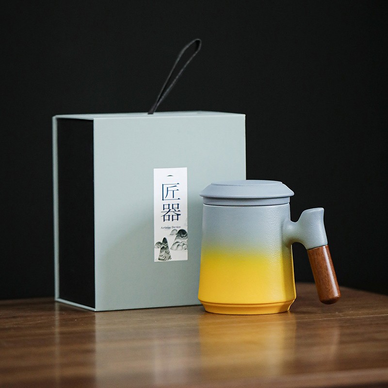 领艺窑变茶杯茶水分离带盖过滤创意日式个人专用陶瓷办公室杯子水杯泡茶杯 素几马克杯-窑变黄礼盒装