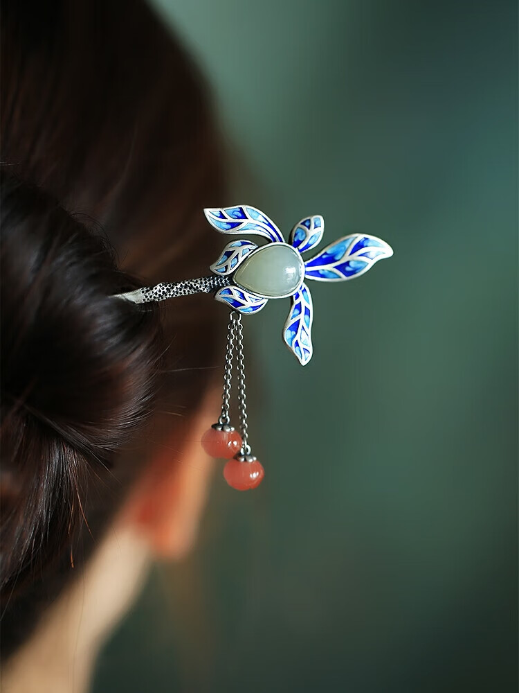 万宝资925银步摇发簪女古风高级感钗子和田玉烧蓝盘发簪子发钗玉簪