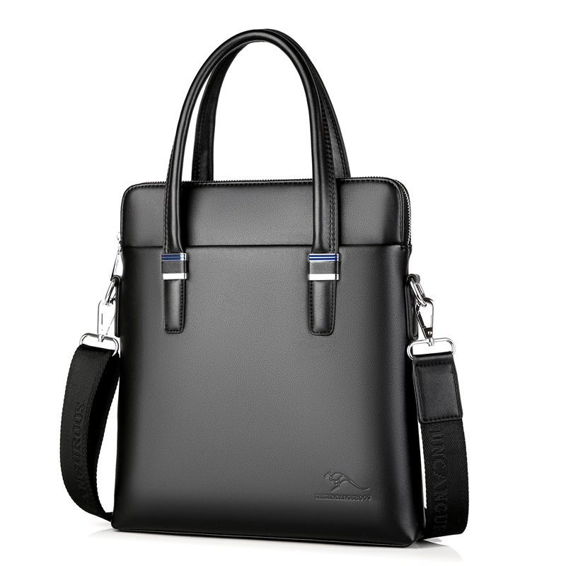 酷奇袋鼠男士手提包手拿真皮大容量包包商务单肩 竖款黑色