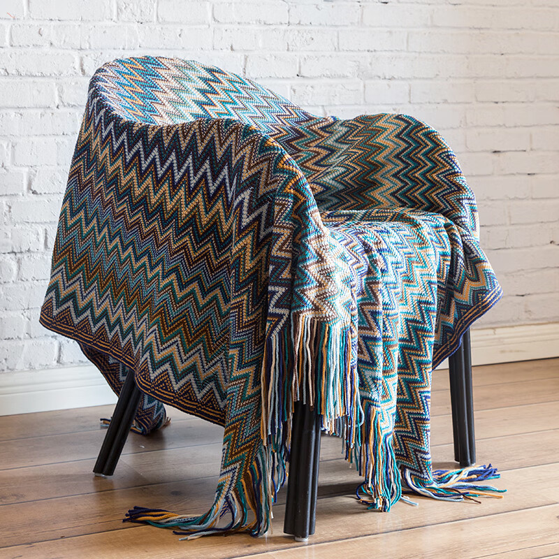 BATTILO美式沙发毯盖毯波西米亚毯民族风夏毯披肩毯空调毯床尾搭巾针织毯 深蓝色 127x170cm【含流苏】