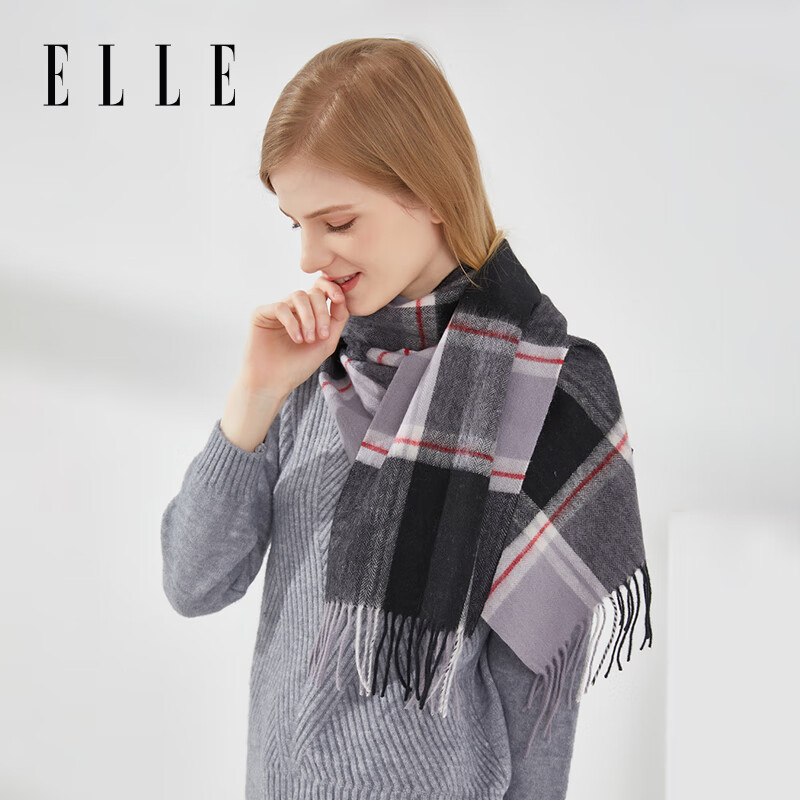 ELLE100%绵羊毛围巾女士秋冬季户外时尚百搭保暖长款格子披肩围脖 黑灰色