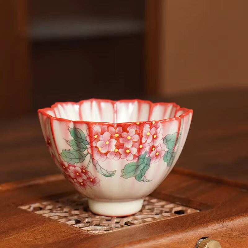 花原矿瓷土高温烧制主人杯高档礼盒送礼收藏女士 红粉佳人手绘绣球花