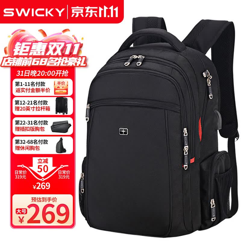 SWICKY瑞士男士背包旅游双肩包商务旅行出差笔记本电脑背包大容量双肩包 黑色属于什么档次？
