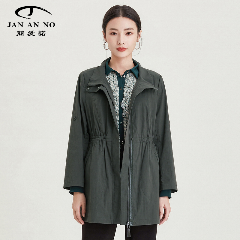 jananno简爱诺2021春夏新款橄榄绿内抽绳收腰显瘦风衣j2110057fy 绿色